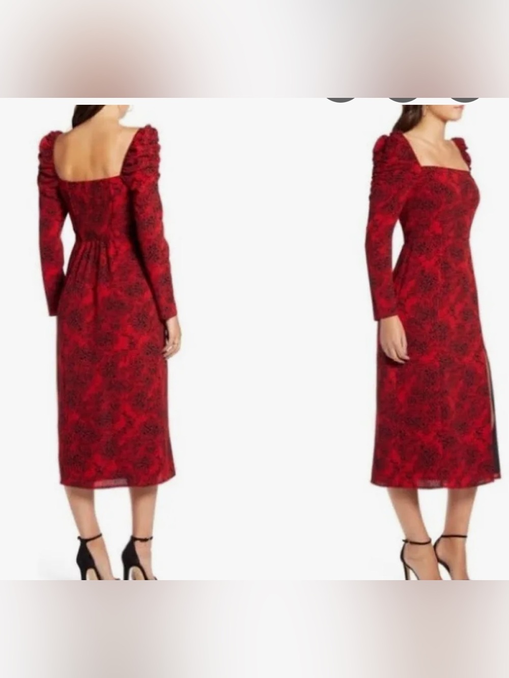 Leith Red Floral Puff-Sleeve Square-Neck Midi Dress